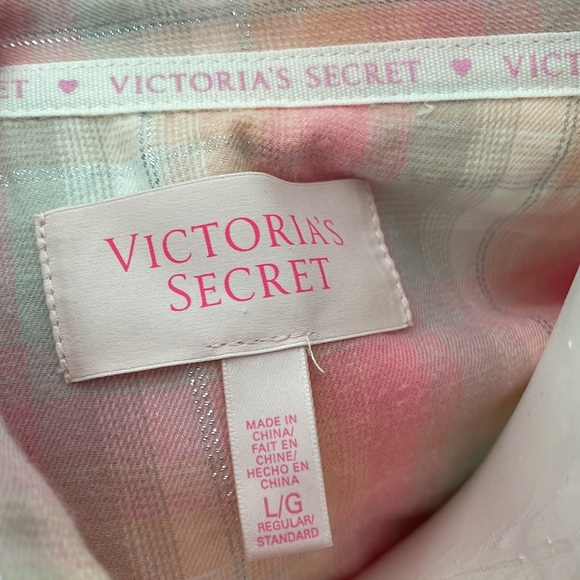 Victoria's Secret Pajama Shirt Top Pastel Metallic Plaid Button Front - Picture 4 of 6